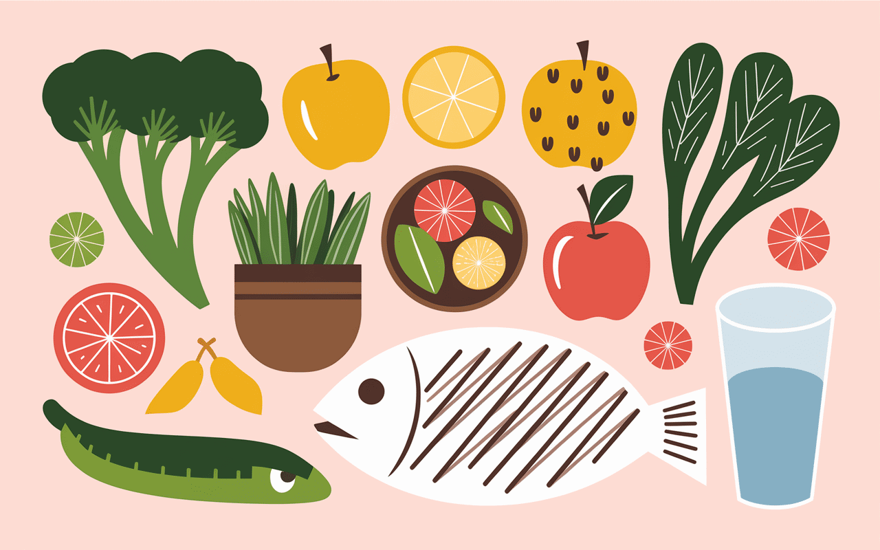 Illustration d'aliments bénéfiques pour la maladie de Gilbert