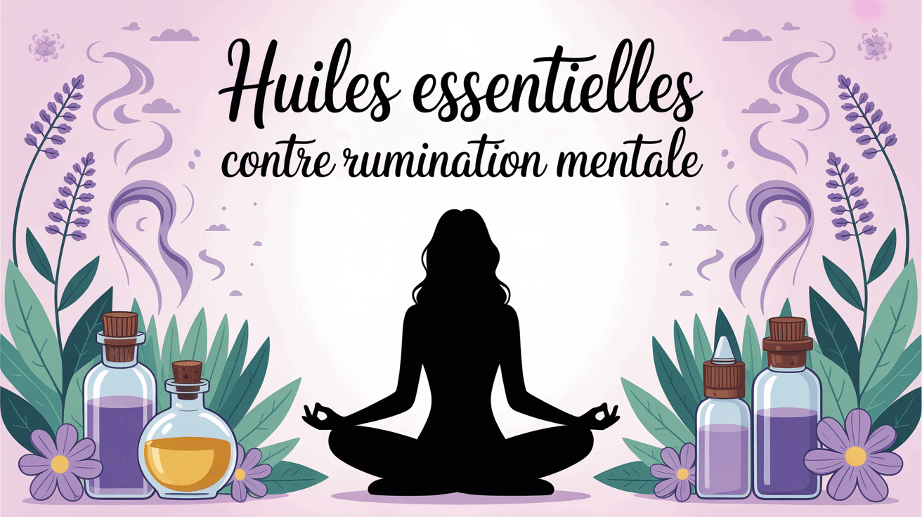 huile essentielle contre rumination mentale femme en méditation entourée flacons