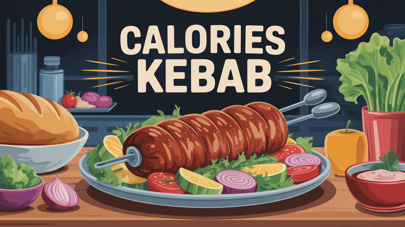 Illustration kebab calories sur assiette entouré de crudités