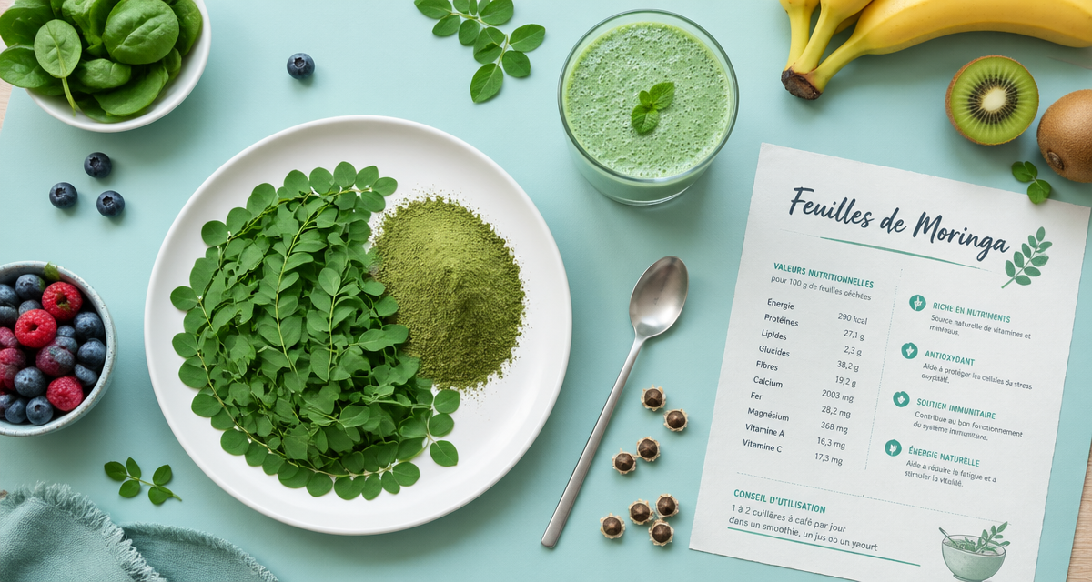 bienfaits des feuilles de moringa sur table