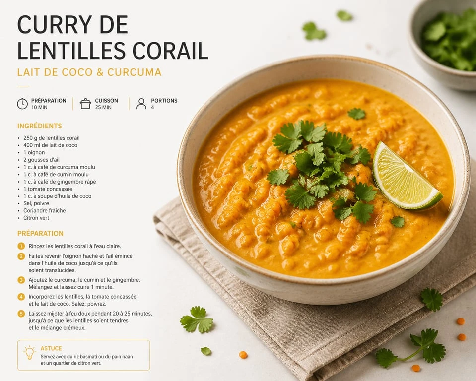 Curry de lentilles corail au lait de coco, un plat sain et nutritif