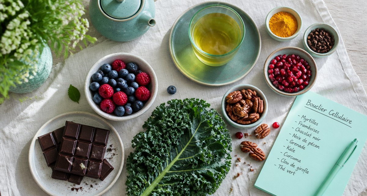 aliments riches en antioxydants en flat lay