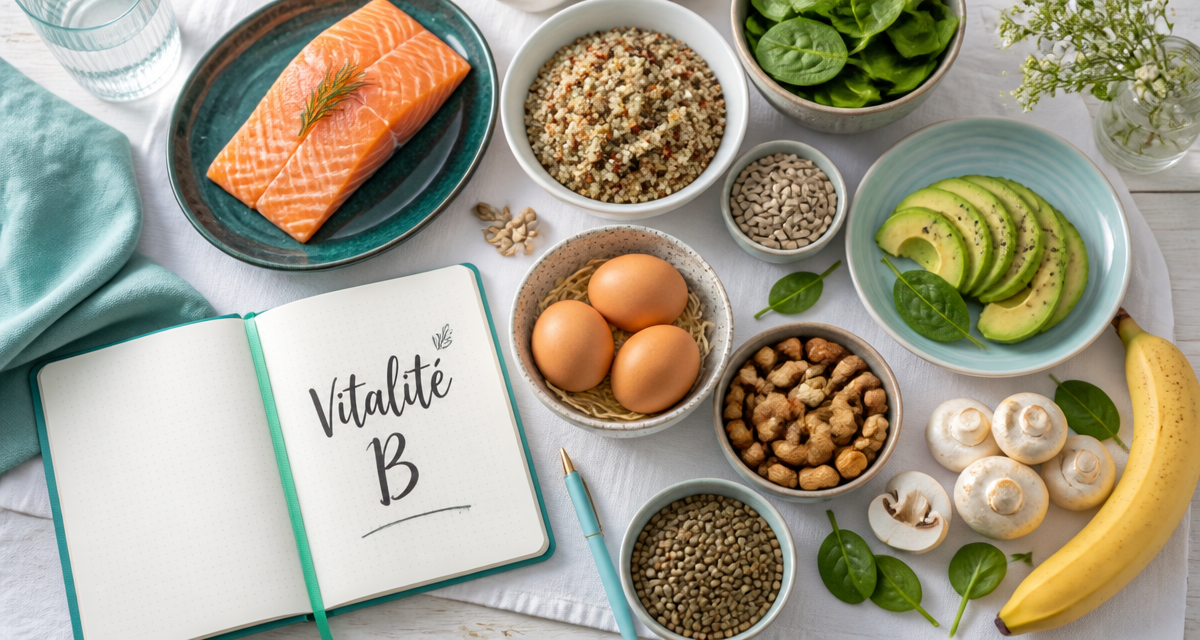 Bienfaits des vitamines B, aliments variés sur table