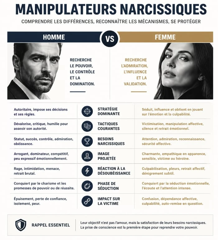 Infographie comparative des tactiques de manipulation entre homme et femme pervers narcissique