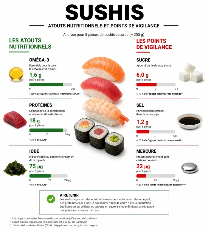 Infographie sur les bienfaits et risques nutritionnels des sushis pour la santé