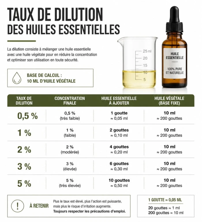 Infographie des taux de dilution des huiles essentielles pour une utilisation sécurisée