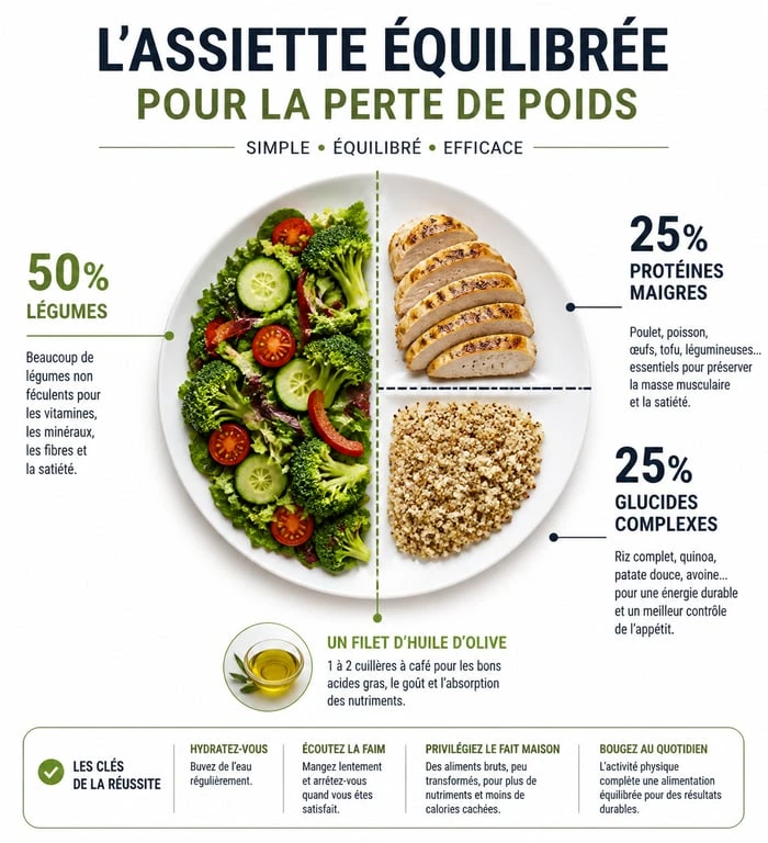 Infographie d'une assiette équilibrée pour la nutrition et la perte de poids