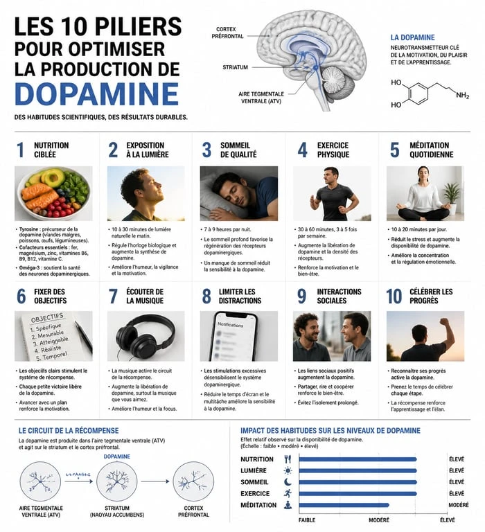 Infographie des 10 façons d'augmenter la dopamine dans votre cerveau pour améliorer la motivation et l'énergie