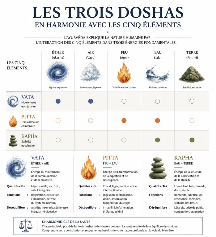 Infographie des trois doshas en Ayurveda : Vata, Pitta et Kapha et leurs éléments associés