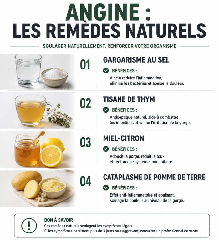 Infographie des remèdes de grand-mère pour soigner une angine naturellement