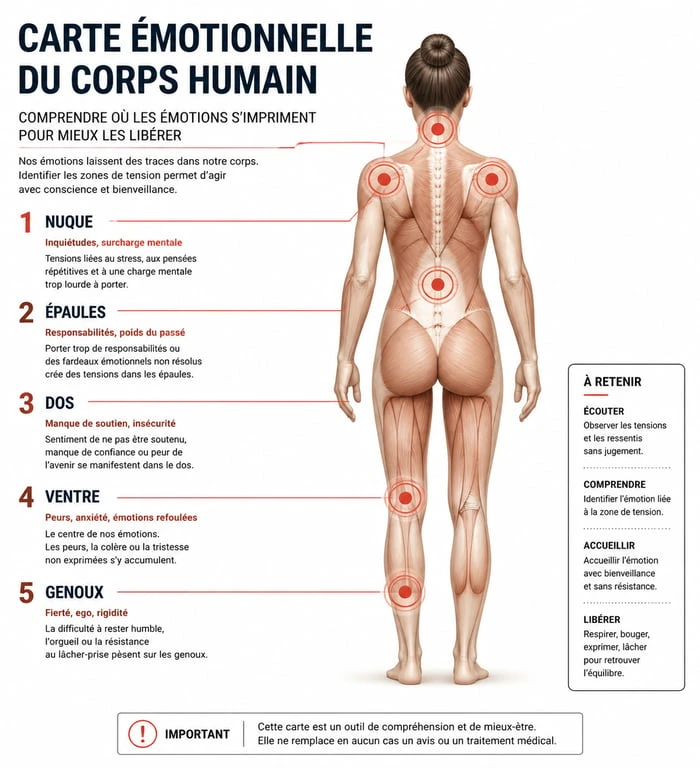 Infographie de la carte émotionnelle des maux du corps montrant les liens entre émotions et douleurs physiques