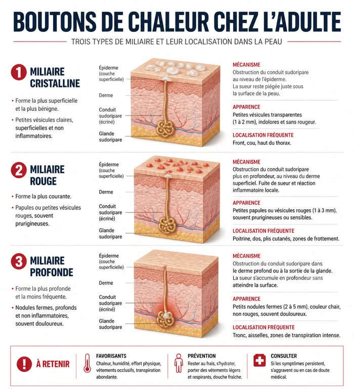 Infographie explicative des trois types de boutons de chaleur chez l'adulte : cristalline, rouge et profonde.