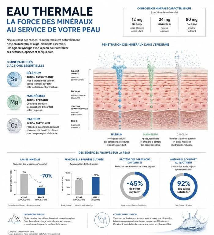 Infographie illustrant les bienfaits de l'eau thermale sur la peau et ses propriétés dermatologiques