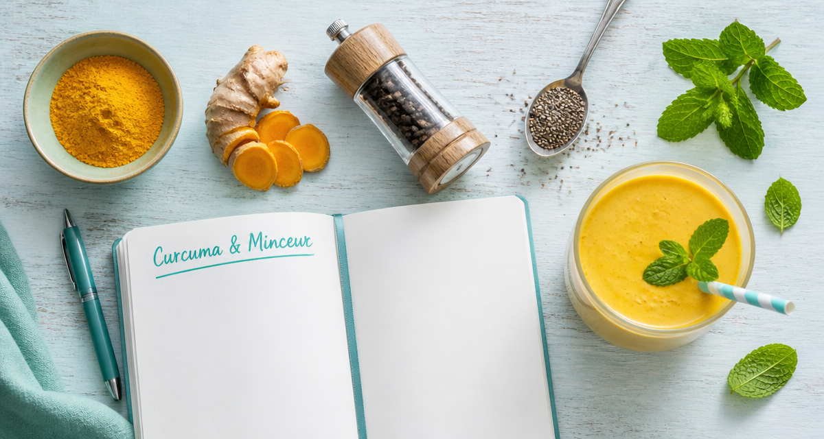 curcuma et perte de poids, bol de poudre, smoothie, racine, table bois