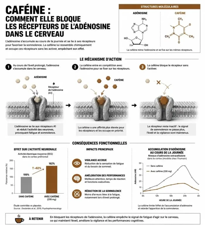 Schéma explicatif des effets néfastes du café sur le cerveau et les récepteurs de l'adénosine