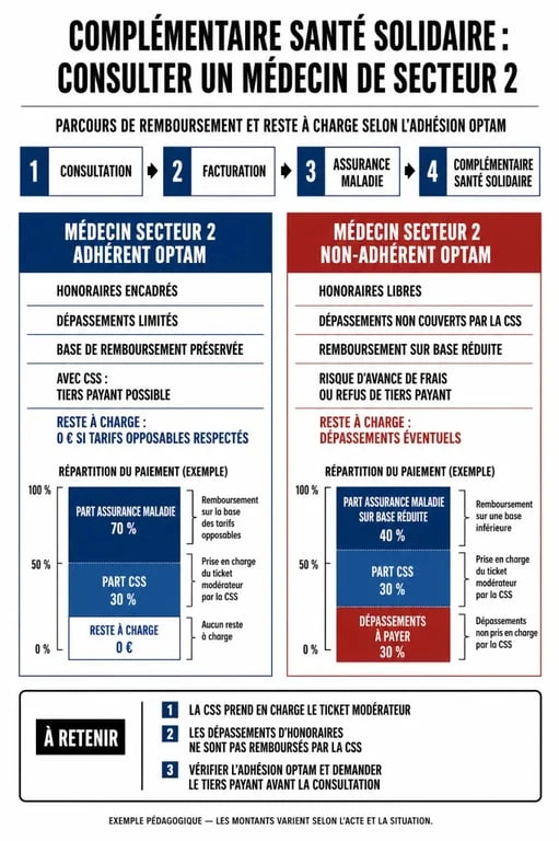 Infographie sur la prise en charge des soins en secteur 2 pour les bénéficiaires de la Complémentaire Santé Solidaire CSS