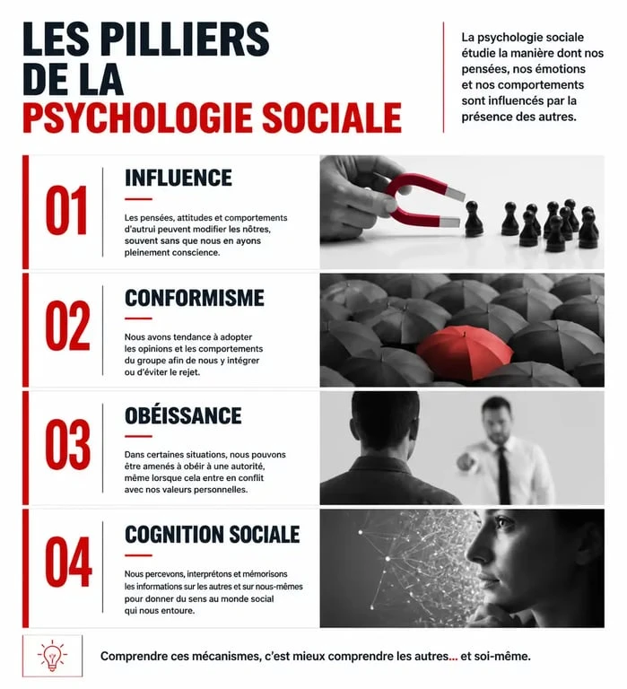 Infographie des concepts clés de la psychologie sociale : influence, conformisme, obéissance et cognition sociale.