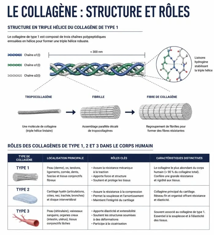 Infographie explicative sur les rôles et la structure du collagène de type 1 dans le corps humain