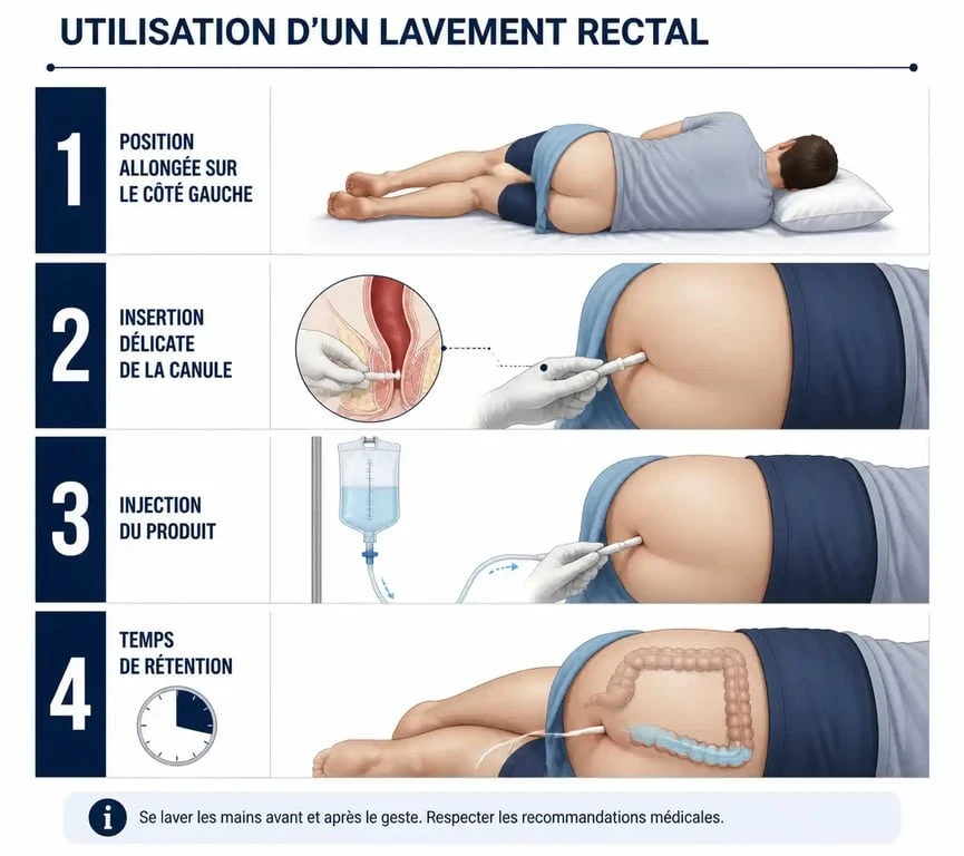 Schéma illustrant les étapes d'utilisation du Normacol lavement pour une administration sécurisée