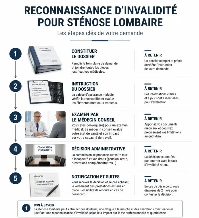 Schéma des étapes pour la reconnaissance d'invalidité en cas de sténose lombaire