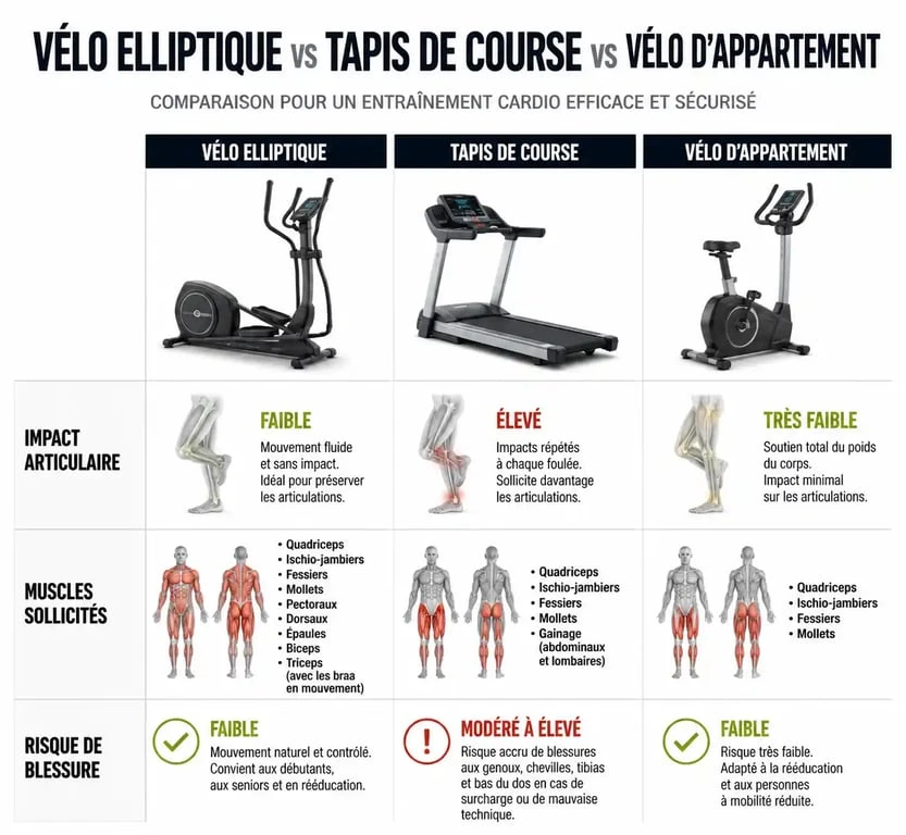 Infographie comparative des bienfaits du vélo elliptique, du tapis de course et du vélo d'appartement selon l'avis d'un kinésithérapeute