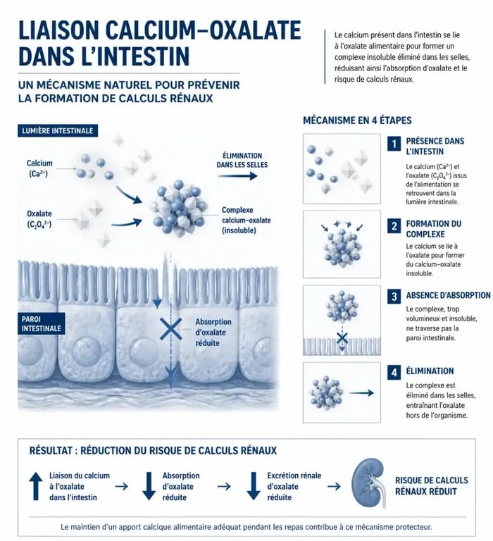 Schéma explicatif du mécanisme de liaison calcium-oxalate pour la prévention des calculs rénaux