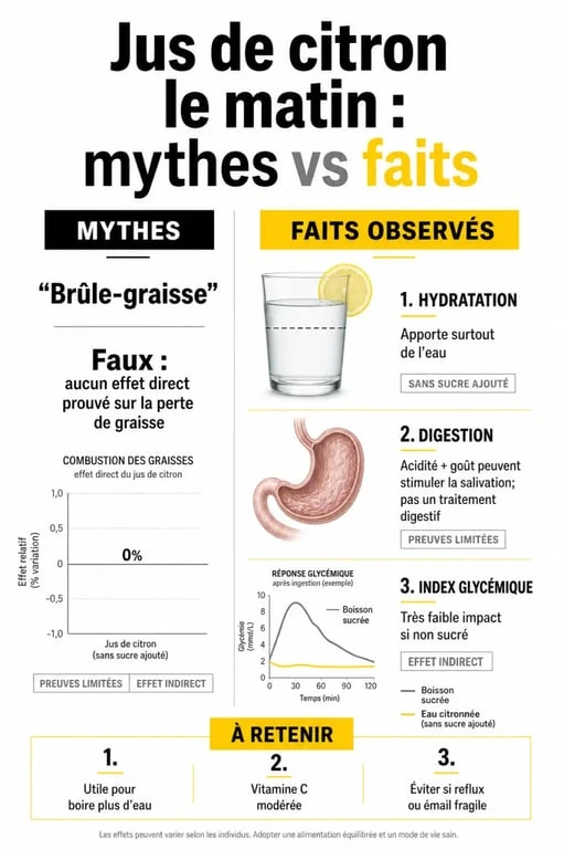 Infographie sur les bienfaits réels du jus de citron le matin pour maigrir et la santé
