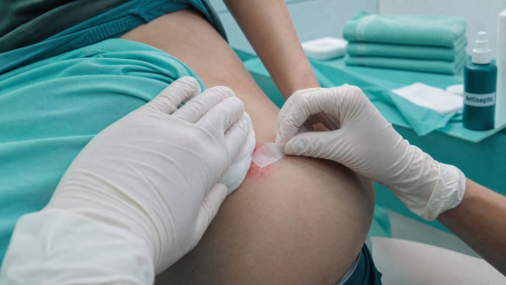 Furoncle fessier : compresse chaude et pansement sur zone rouge