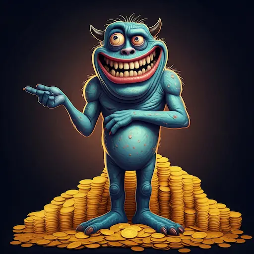 Monster standing in a pile of gold coins pointing to the instructions on the other side of the screen.