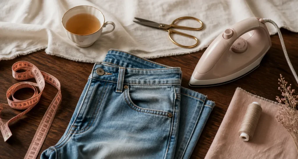 comment retrecir de taille jean coton flat lay