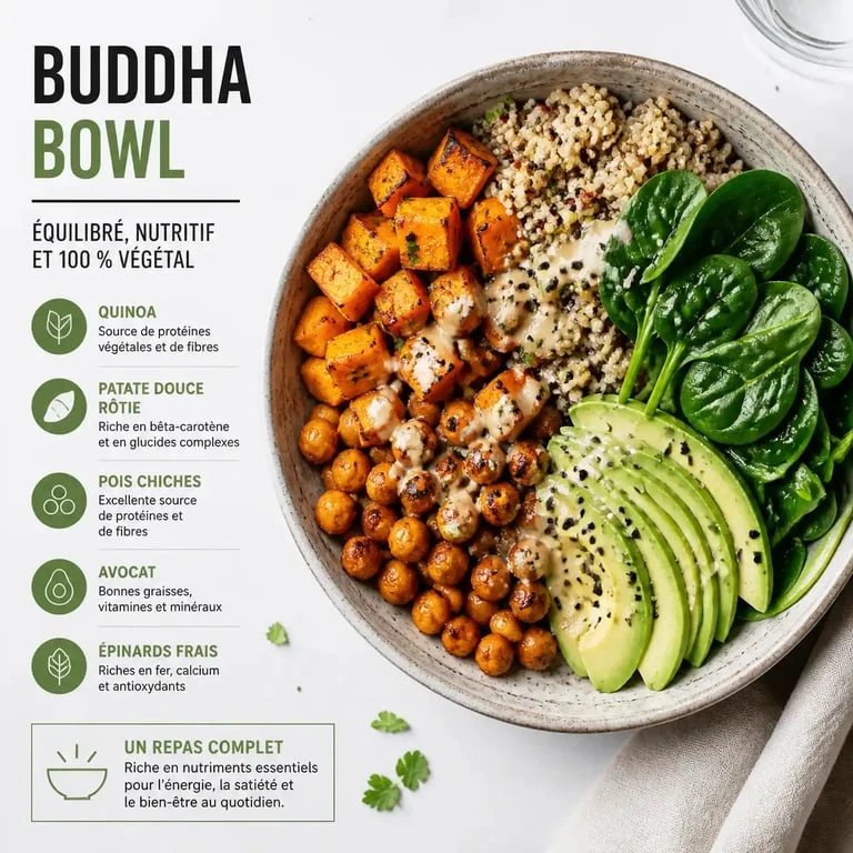 Buddha Bowl coloré et équilibré, exemple de nourriture healthy pour un repas sain et nutritif.