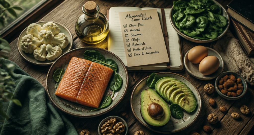 aliments pauvre en glucide sur table rustique