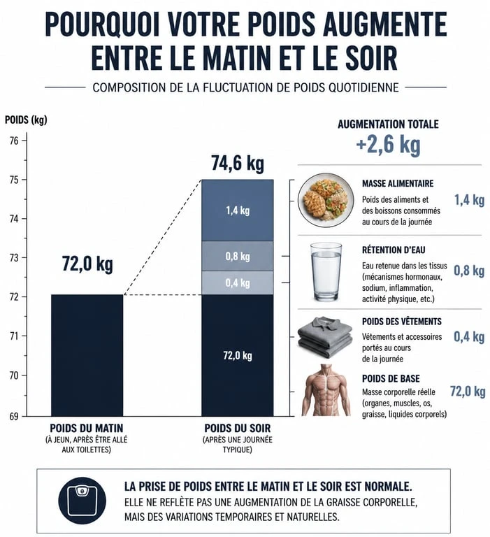 Infographie montrant les causes de la variation de poids entre le matin et le soir pour une meilleure compréhension des fluctuations physiologiques