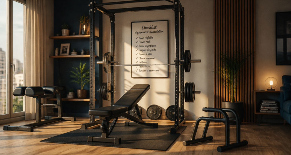 Équipements pour musculation à domicile dans un salon moderne