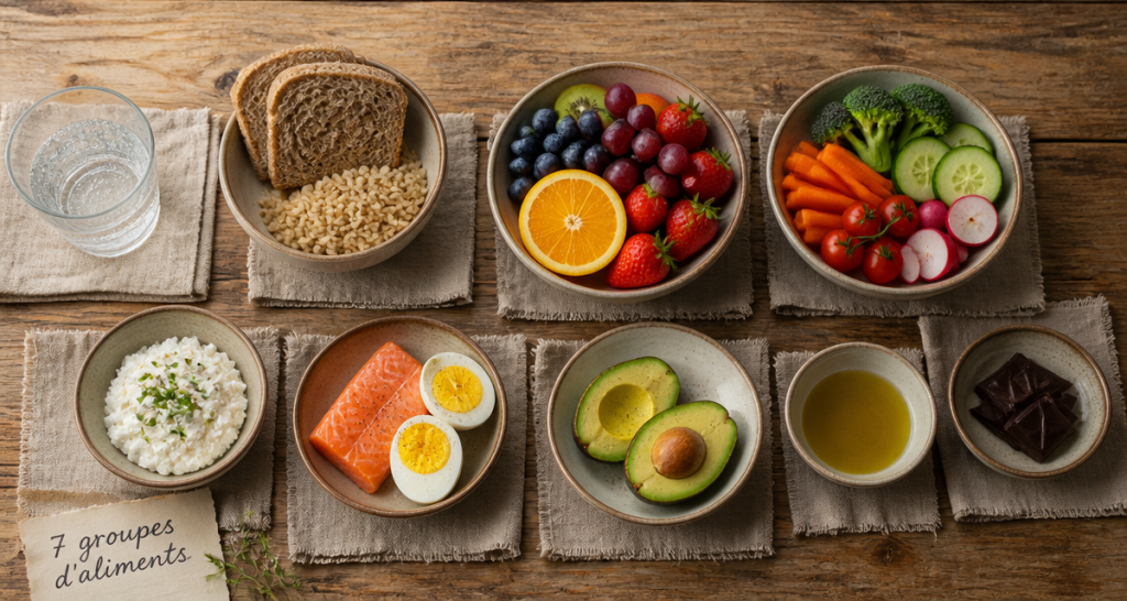 Les 7 groupes d aliments tableau sur une table avec bols