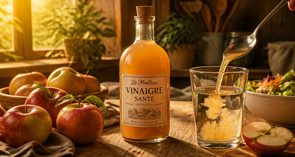 meilleur vinaigre pour la sante sur table avec pommes et légumes