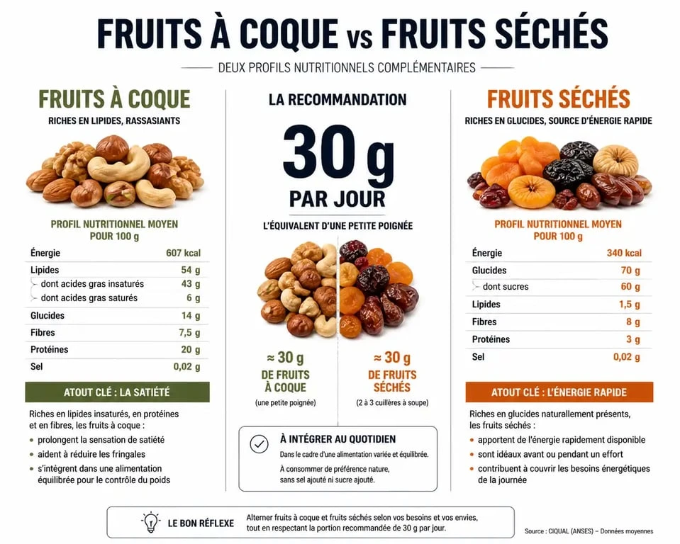 Infographie comparant les bienfaits nutritionnels des fruits à coque et des fruits séchés pour la gestion du poids