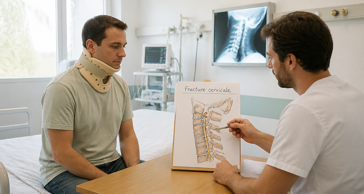 Patient avec collier pour fracture cervicales et kinésithérapeute
