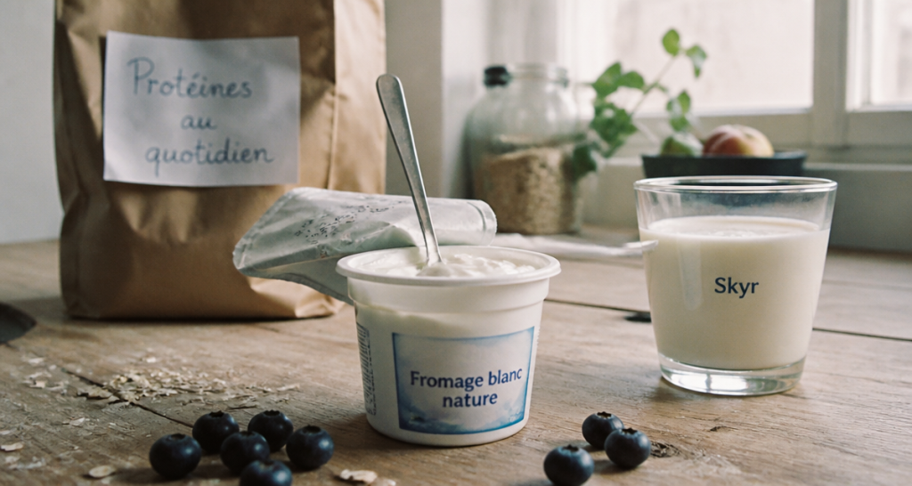 fromage blanc protéiné sur table avec skyr et fruits