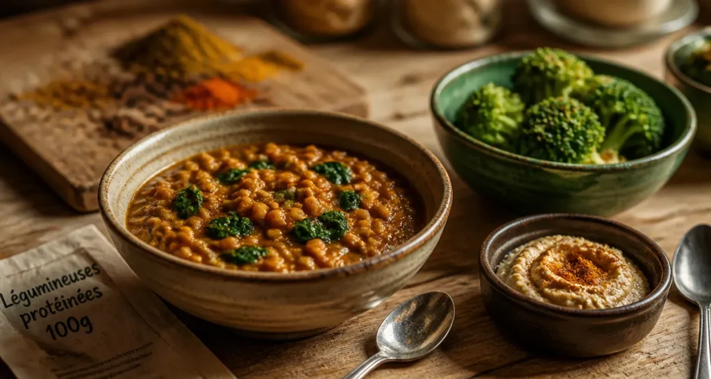 Legumes riches en proteines : bol de lentilles, houmous et brocoli