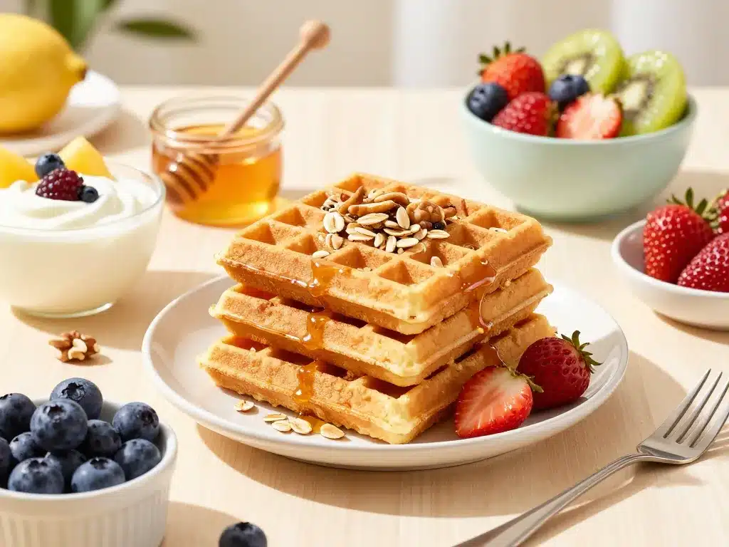 gaufres flocon d'avoine avec toppings fruits et miel