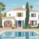 Illustration villa avec patio palmiers piscine maisons espagnoles