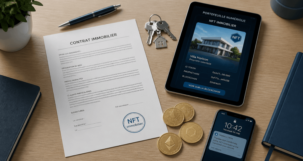 NFT immobilier contrat et portefeuille sur bureau