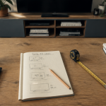 quelle taille de tv choisir pour un salon, flat-lay table basse, télécommande, carnet, mètre, téléviseur