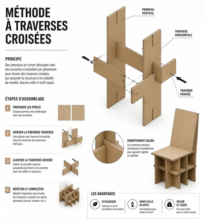 Schéma technique de la méthode des traverses croisées pour la fabrication de meubles en carton