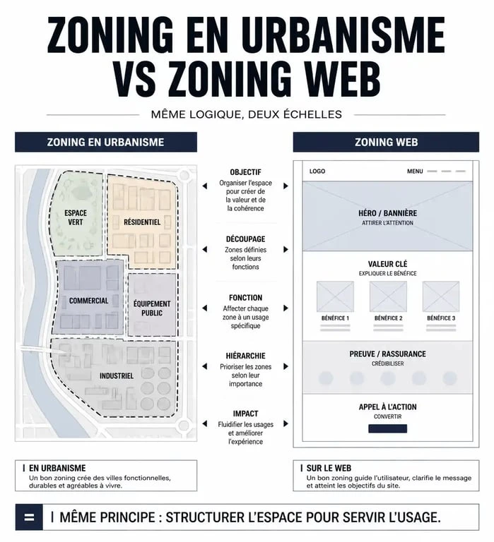 Infographie comparative entre le zoning urbain et le zoning web pour la conception de projets