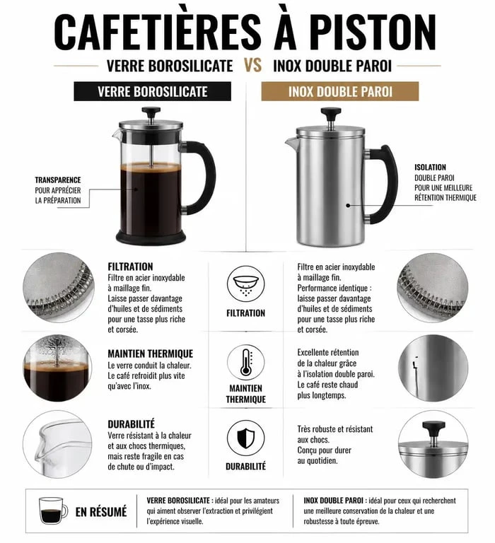 Comparatif des caractéristiques techniques des meilleures cafetières à piston : verre vs inox