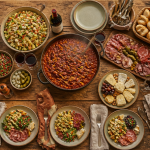 Repas pour 30 personnes plats variés sur grande table