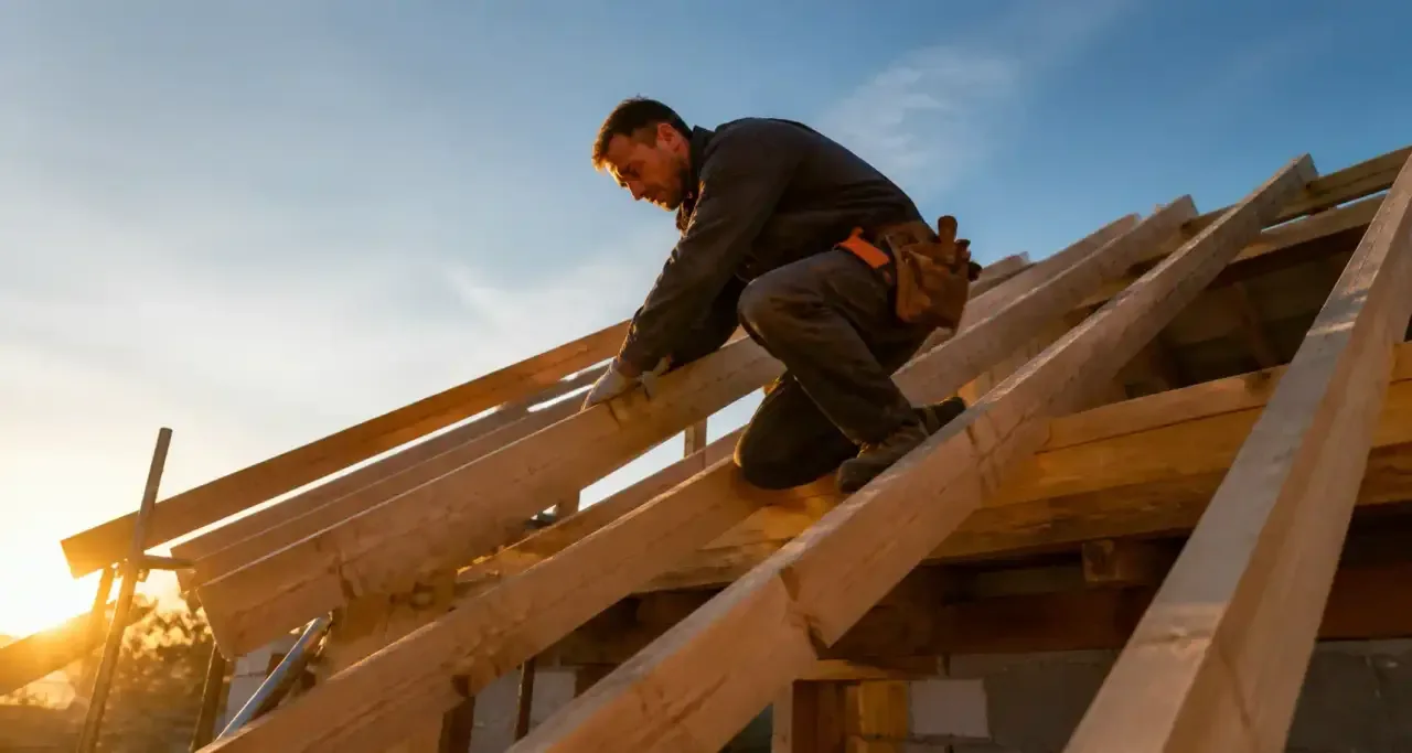 Charpentier posant les chevrons d'une charpente en bois sur un chantier de toiture