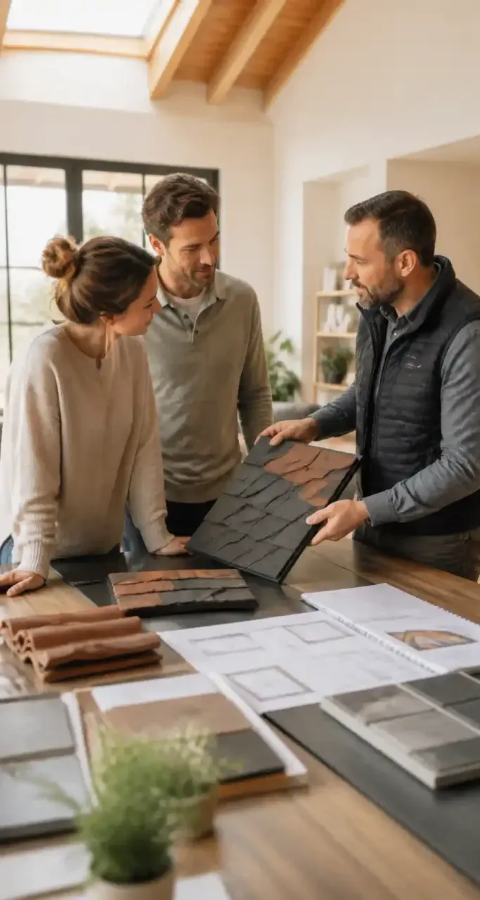 Artisan conseillant un couple sur le choix des matériaux pour la rénovation de leur toiture
